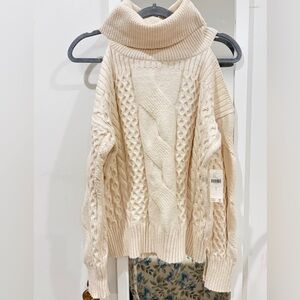 Cozy Cream Cable Knit Turtleneck cut-out shoulder Sweater